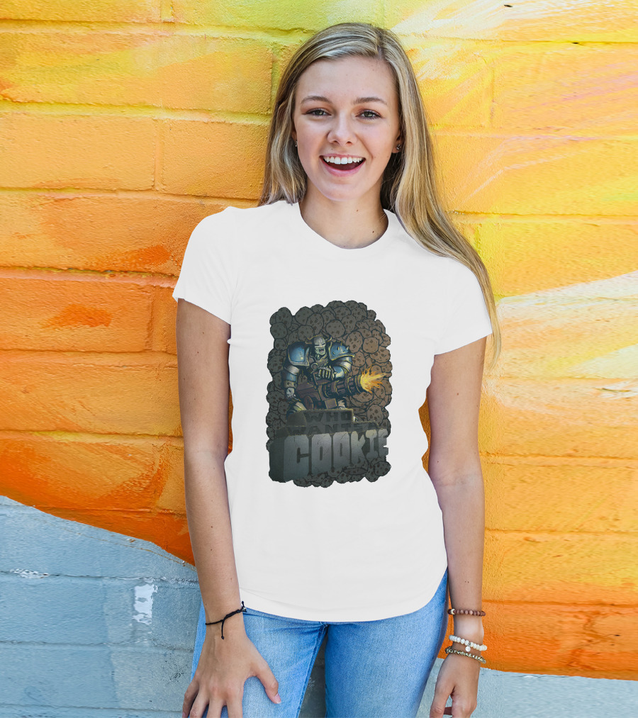 Oxhorn Who Wants A Cookie With Armored Figure And Gun Surrounded By Cookies T-Shirt