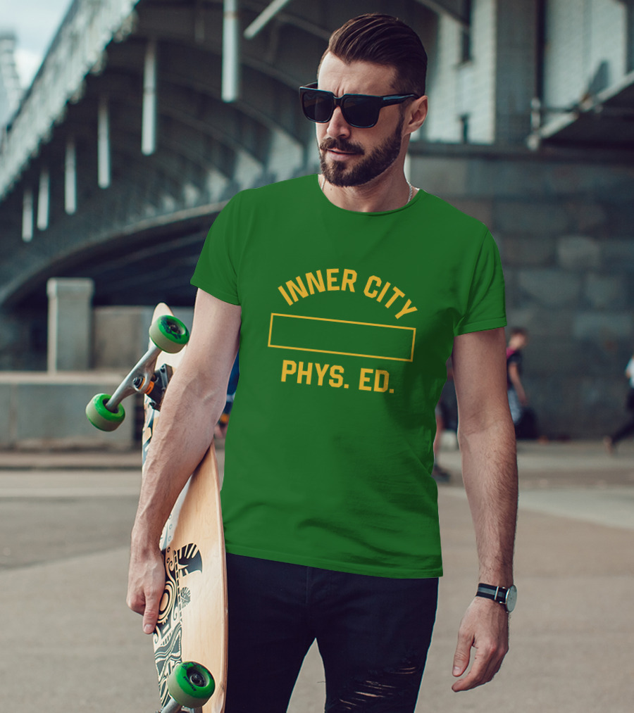 Inner City Phys Ed Green Yellow Block Letters T-Shirt