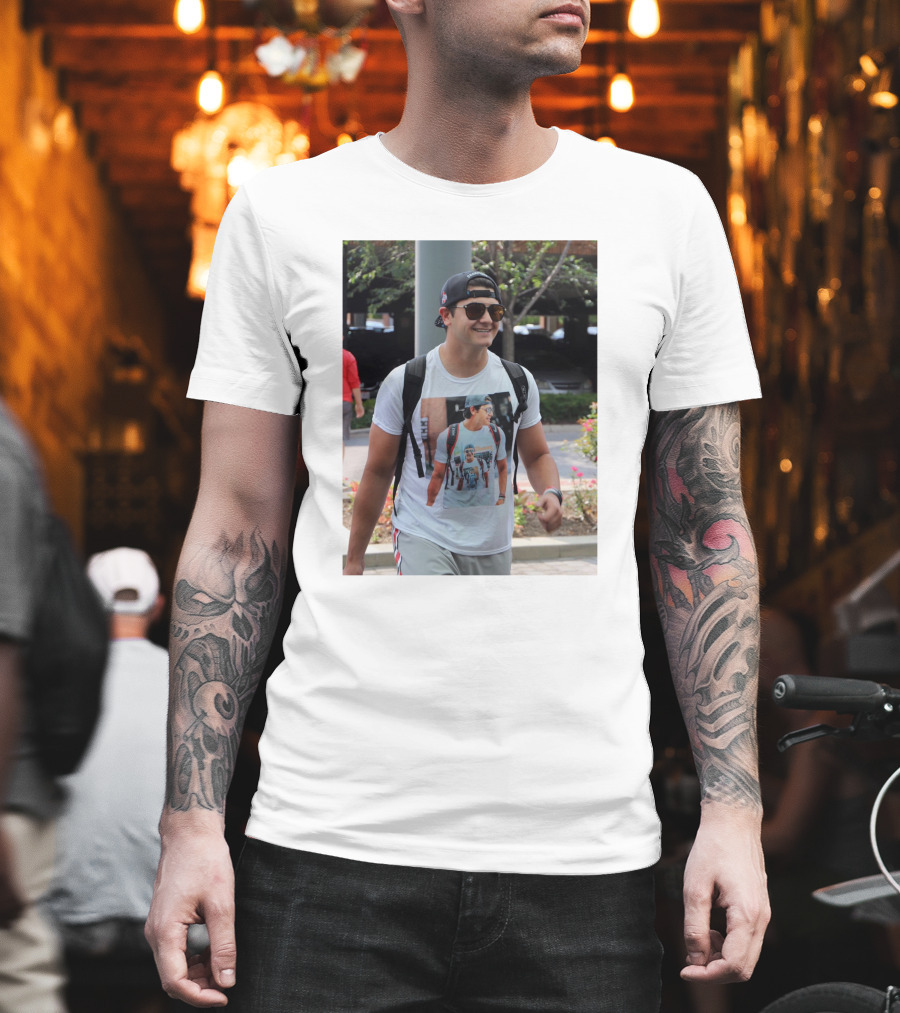 Liam Mccullough Arrives At Ohio State Camp Wearing Photo Print Shirt With Repeating Image T-Shirt