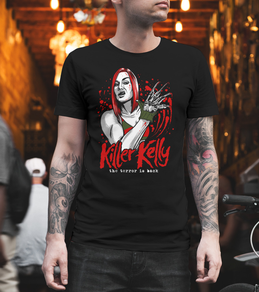 Killer Kelly The Terror Is Back Freddy Krueger Inspired Character Blood Splatter T-Shirt