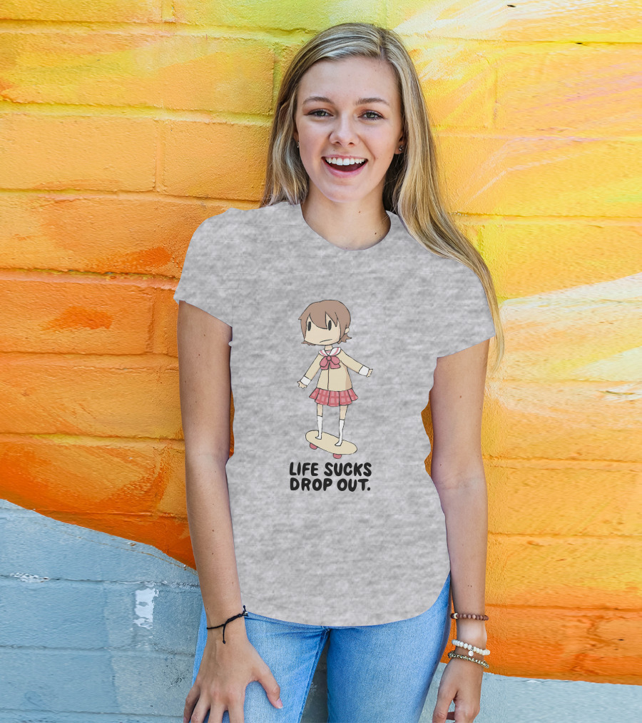 Life Sucks Drop Out Anime Style Character On Skateboard T-Shirt