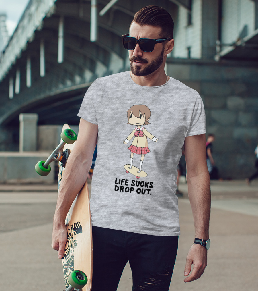 Life Sucks Drop Out Anime Style Character On Skateboard T-Shirt