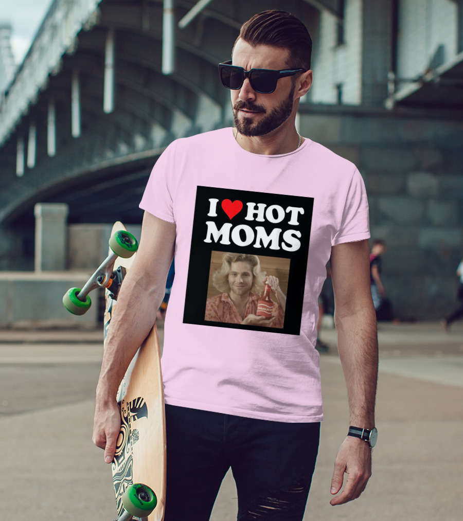 I Love Hot Moms Sauce Bottle Person Image Pink Background T-Shirt