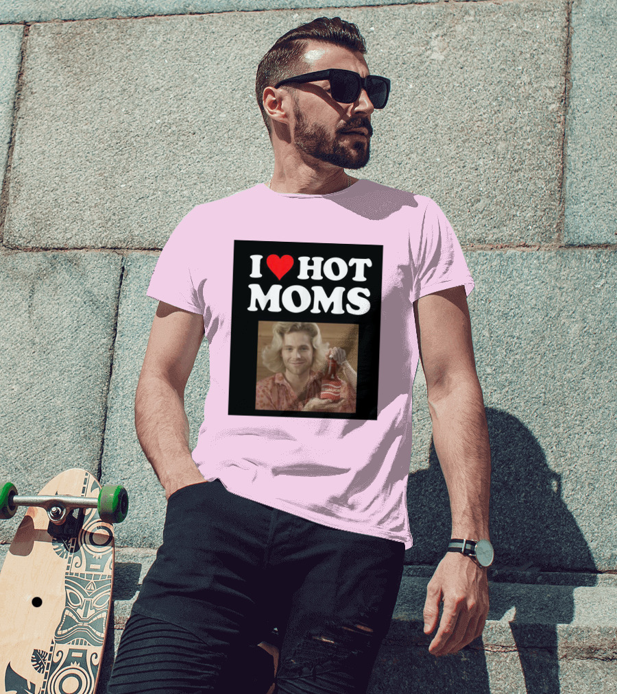 I Love Hot Moms Sauce Bottle Person Image Pink Background T-Shirt