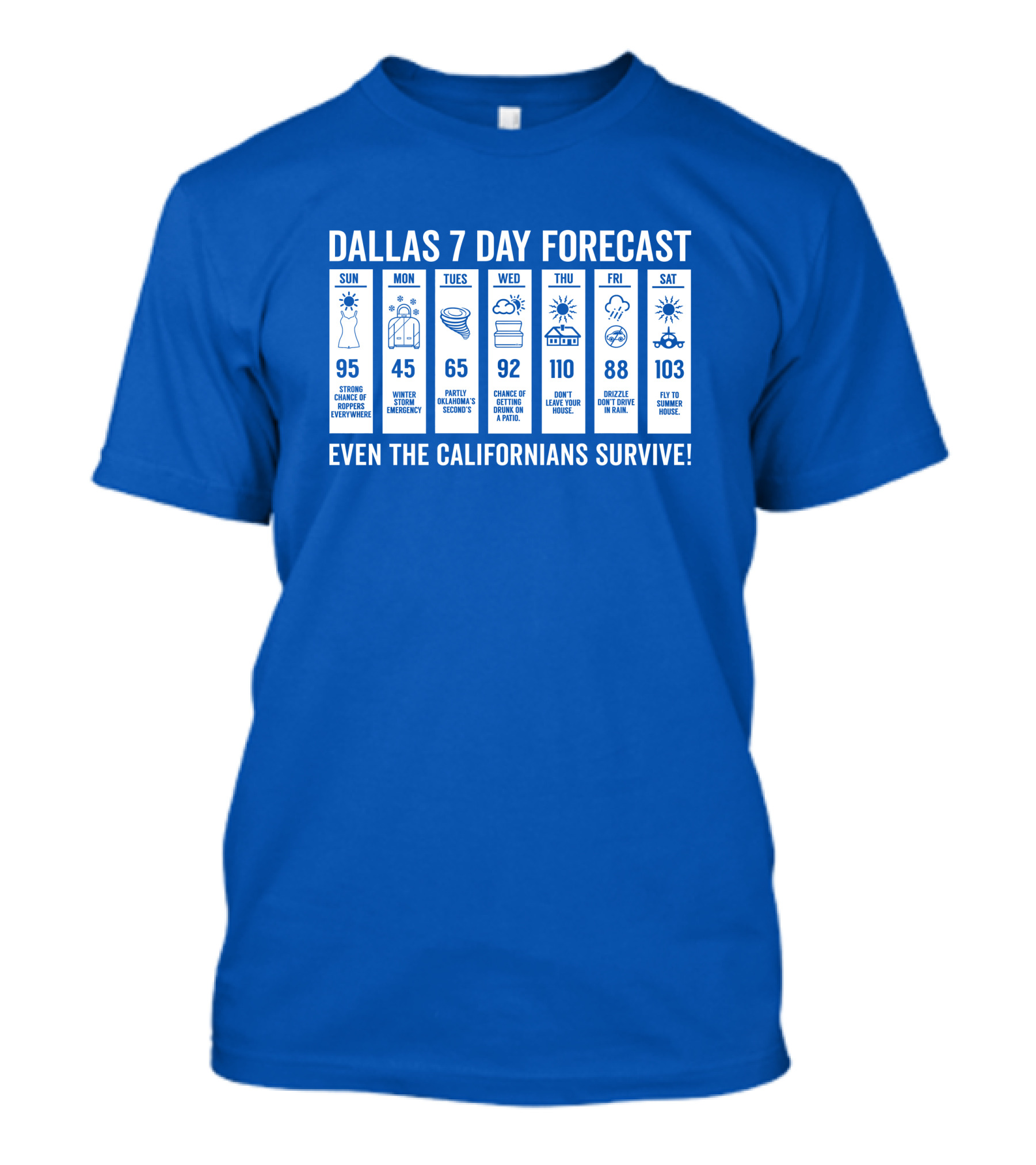Dallas 7 Day Forecast Weather Parody Even The Californians Survive Bullzerk Merch T-Shirt