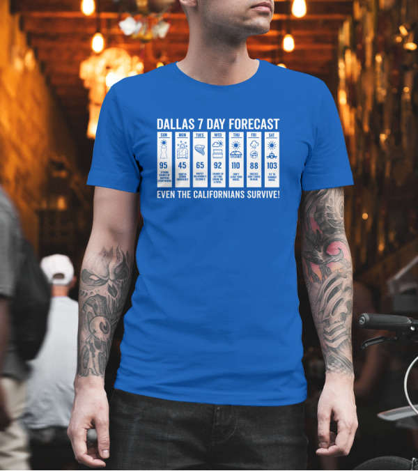 Dallas 7 Day Forecast Weather Parody Even the Californians Survive Bullzerk Merch T-Shirt Dallas 7 Day Forecast Weather Parody Even the Californians Survive Bullzerk Merch T-Shirt