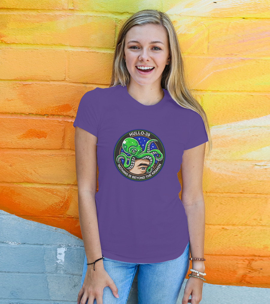 Hullo-39 Nothing Is Beyond The Kraken Green Octopus Starry Sky Badge T-Shirt