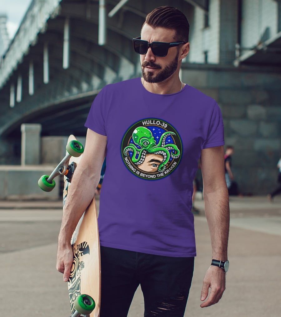 Hullo-39 Nothing Is Beyond The Kraken Green Octopus Starry Sky Badge T-Shirt