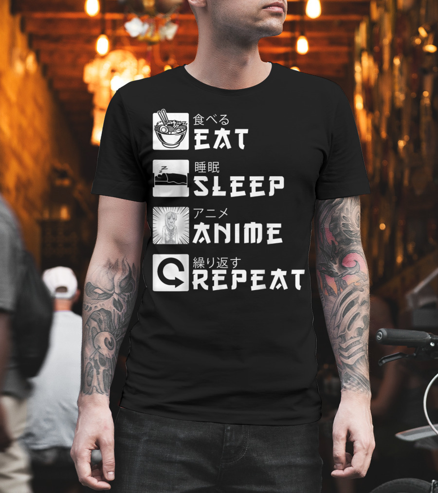 Eat Sleep Anime Repeat Japanese Manga Cosplay Bowl Zzzz Girl Arrows T-Shirt