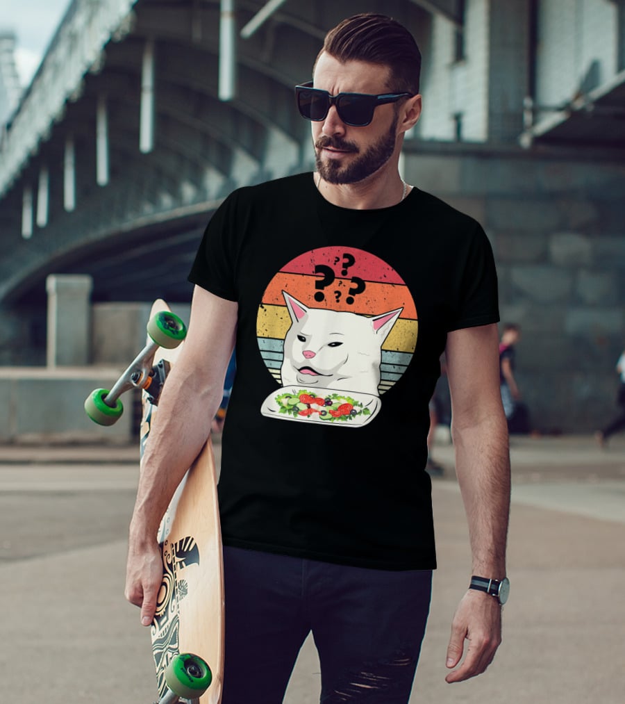 Cat Meme Confused Expression With Salad And Retro Color Stripes T-Shirt