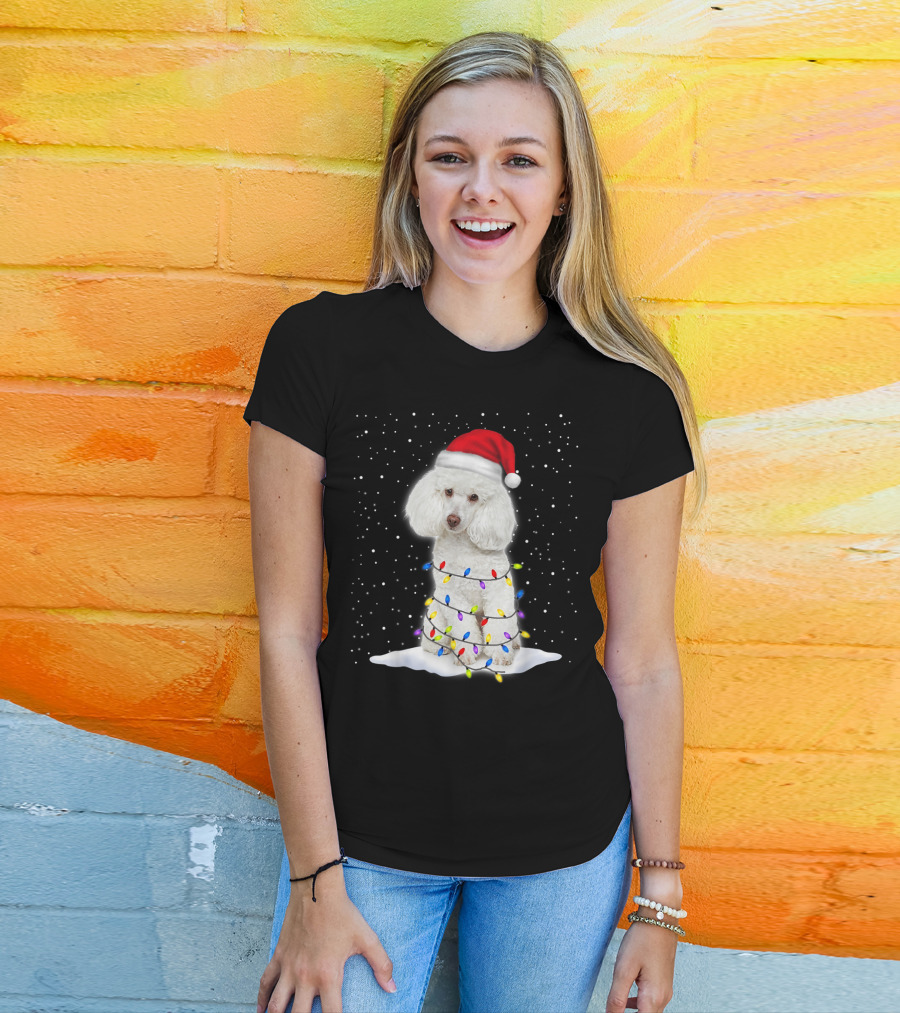 Poodle Santa Christmas Tree Decor With Colorful String Lights Snowfall T-Shirt
