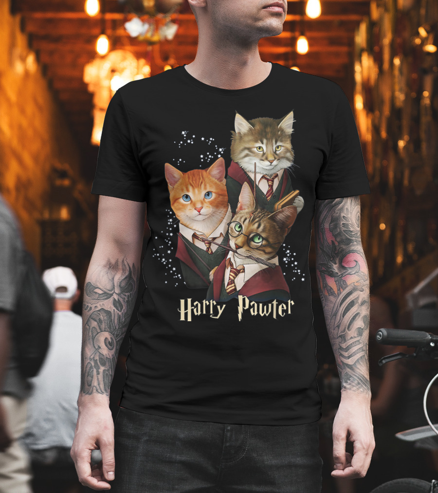 Harry Pawter Cats in Wizard Robes with Wands and Glasses T-Shirt