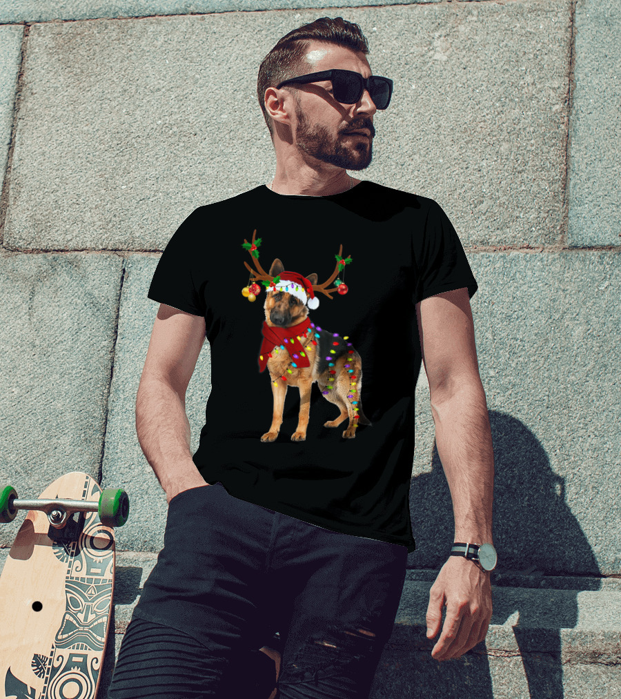 Santa German Shepherd Reindeer Antlers Christmas Lights T-Shirt