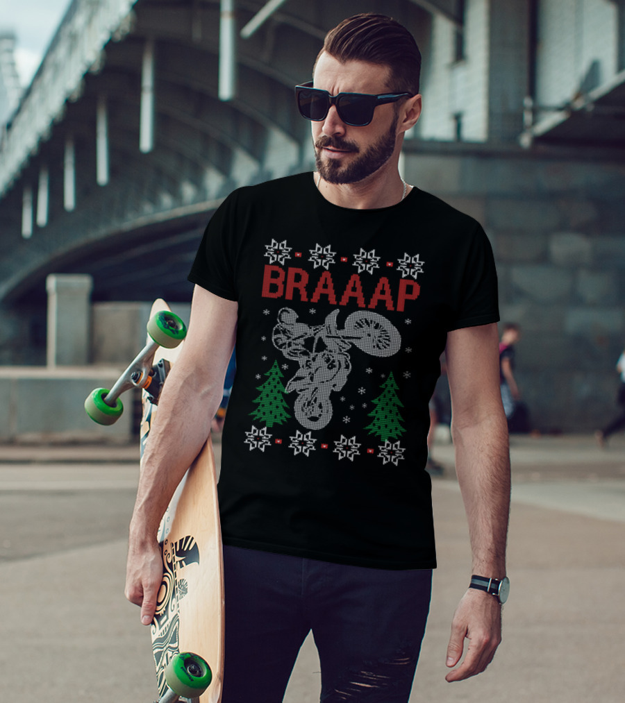 BRAAAP Motorcycle Biker Christmas Ugly Sweater Style Design Snowflakes Trees T-Shirt