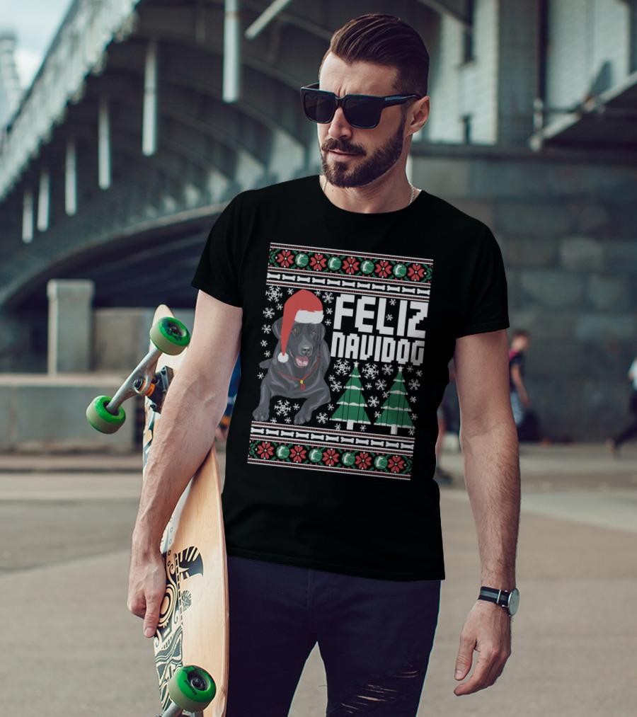 Feliz Navidog Labrador With Santa Hat And Christmas Trees Snowflakes T-Shirt