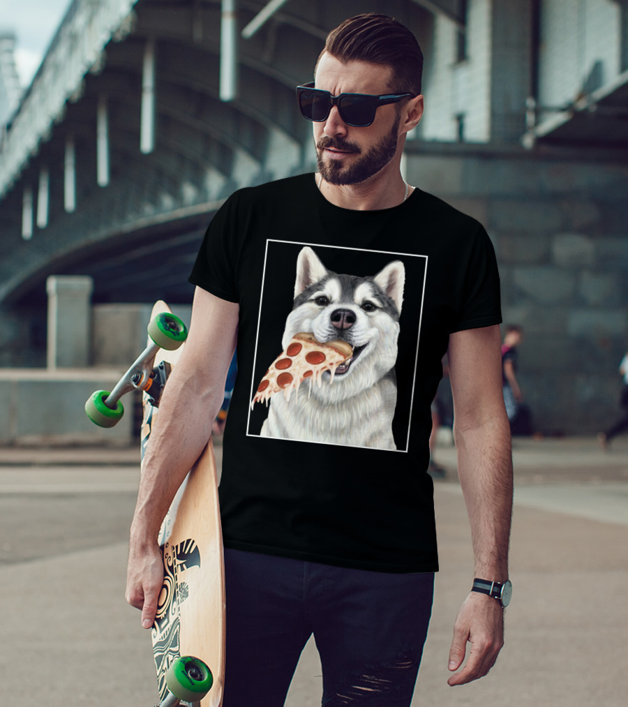 Husky Eating A Pepperoni Pizza Slice Dog Image T-Shirt