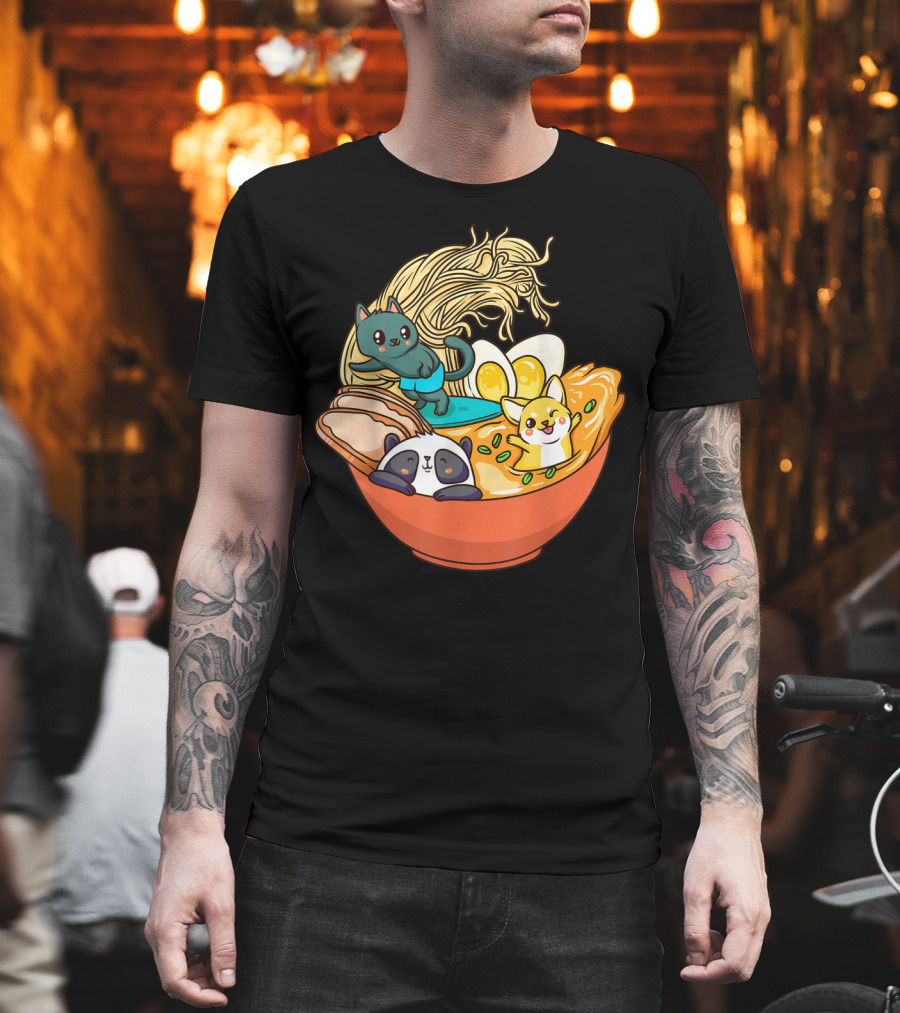 Kawaii Cat Panda Dog Anime Noodle Bowl with Egg and Ramen T-Shirt