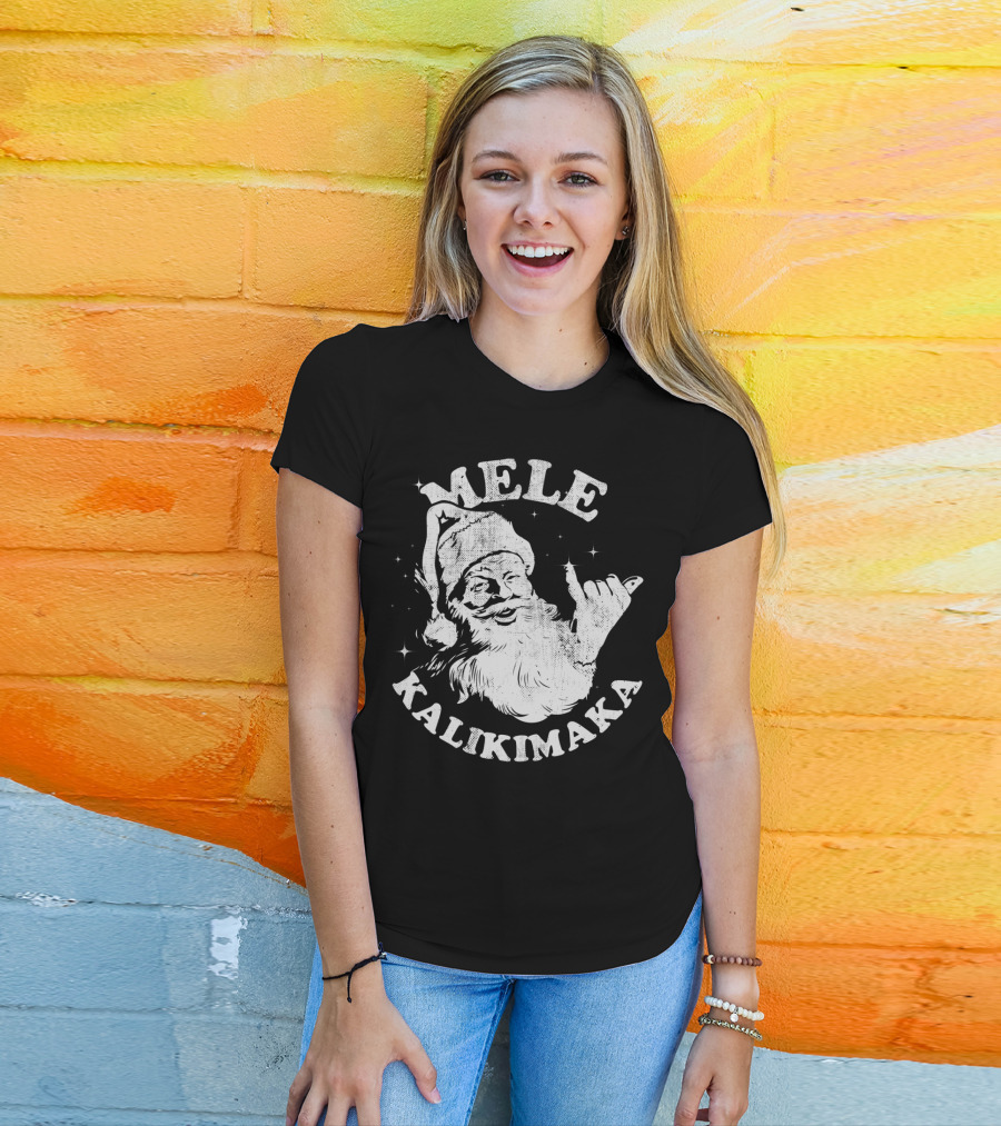 Retro Mele Kalikimaka Santa Shaka Hawaii Christmas T-Shirt