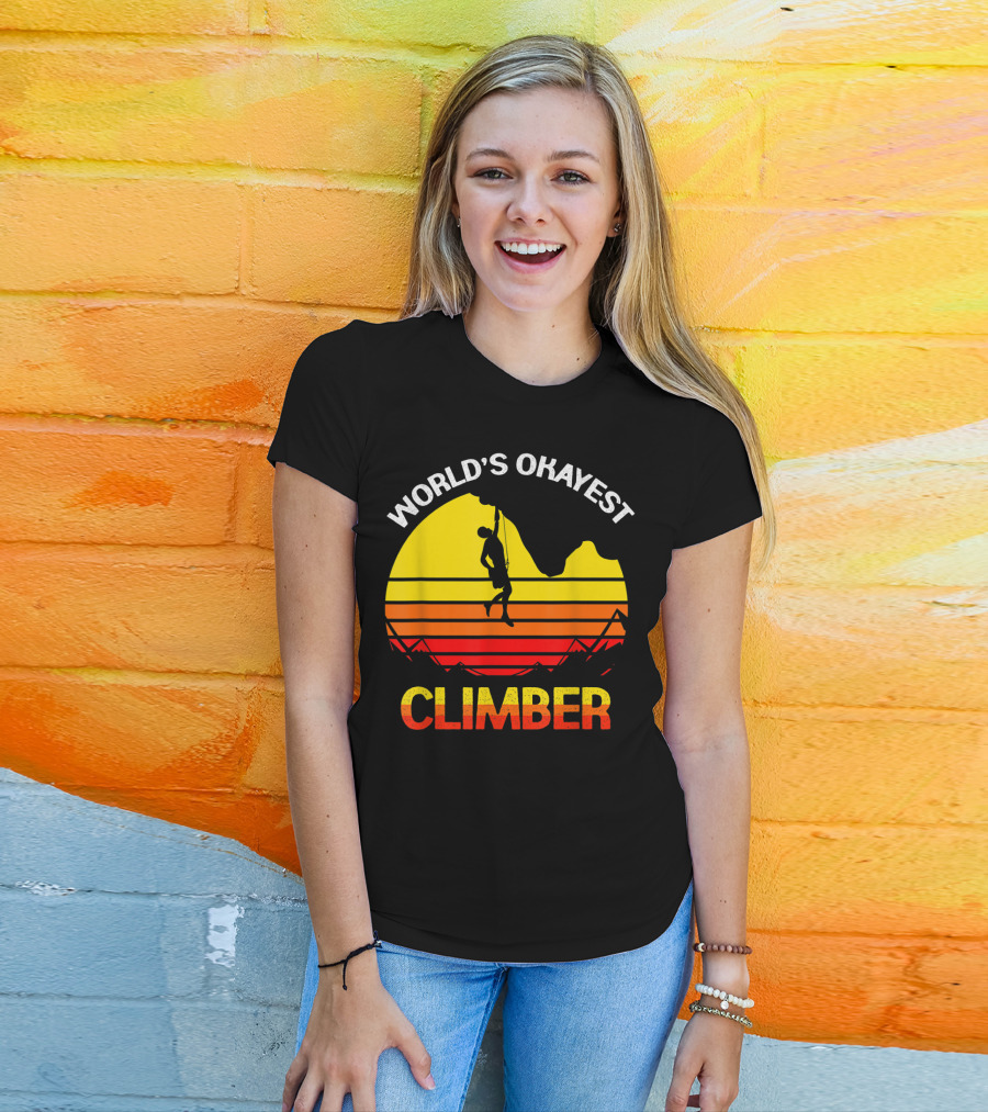 World's Okayest Climber Rock Climbing Sunset T-Shirt