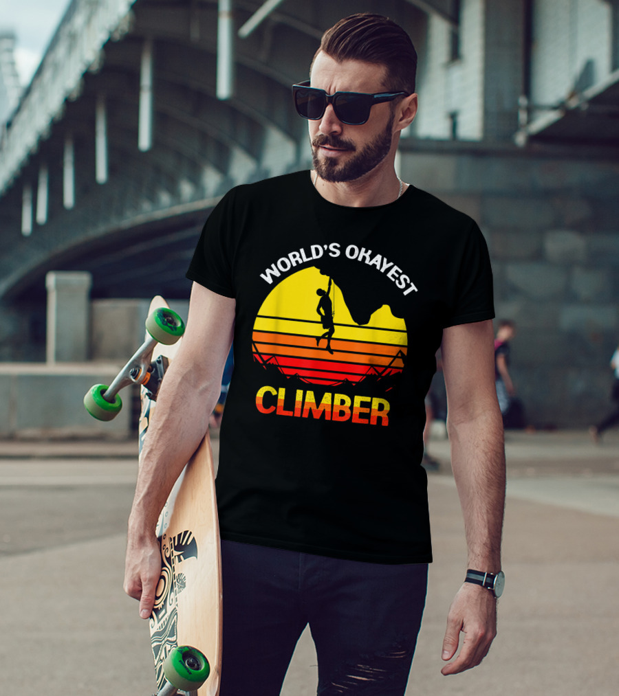 World's Okayest Climber Rock Climbing Sunset T-Shirt