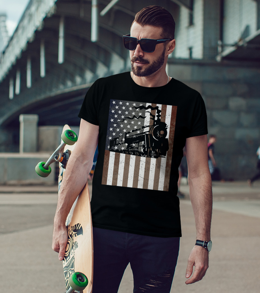 American Flag Steam Train Vintage Model Builder T-Shirt