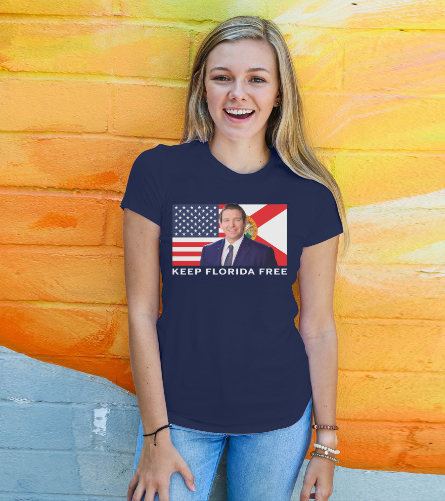 Keep Florida Free American Flag Portrait Navy Fine Jersey T-Shirt