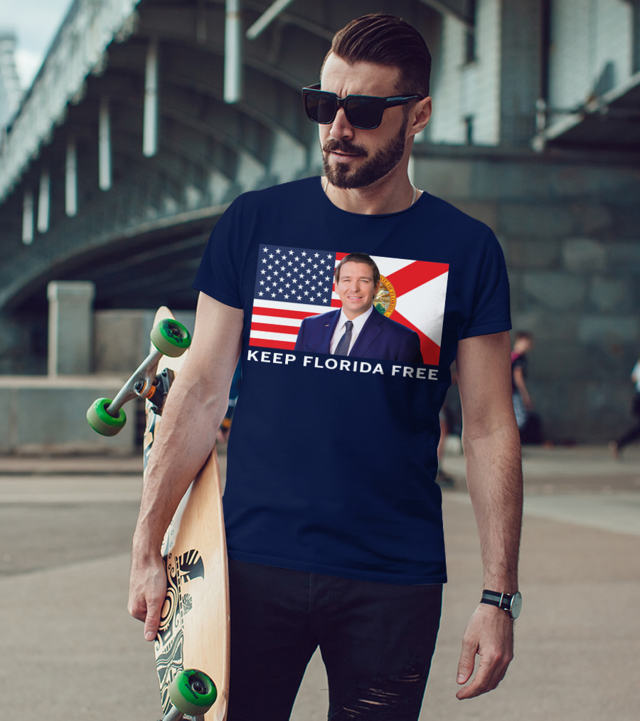 Keep Florida Free American Flag Portrait Navy Fine Jersey T-Shirt