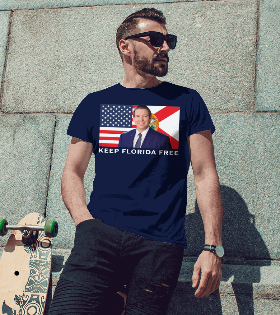 Keep Florida Free American Flag Portrait Navy Fine Jersey T-Shirt