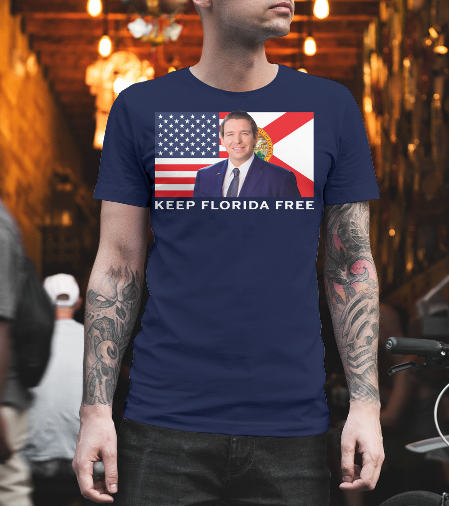 Keep Florida Free American Flag Portrait Navy Fine Jersey T-Shirt