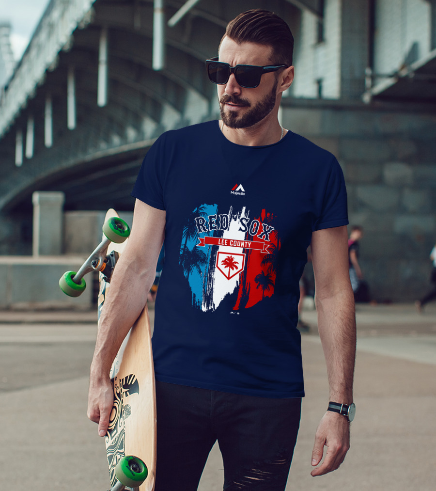 Majestic Red Sox Lee County Mookie Betts Palm Tree Blue Red White T-Shirt