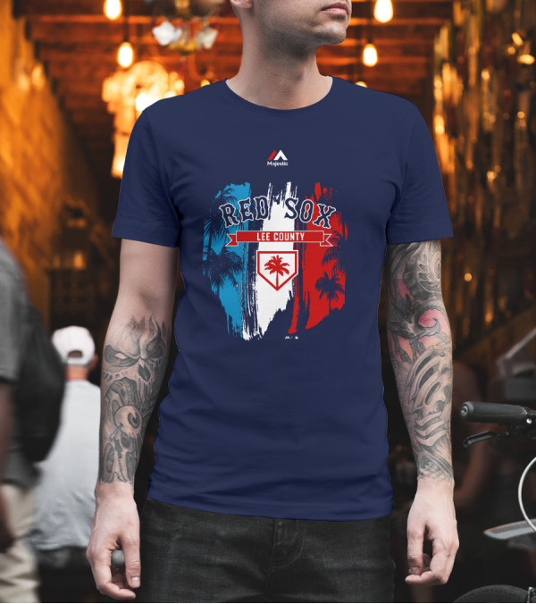 Majestic Red Sox Lee County Mookie Betts Palm Tree Blue Red White T-Shirt Majestic Red Sox Lee County Mookie Betts Palm Tree Blue Red White T-Shirt