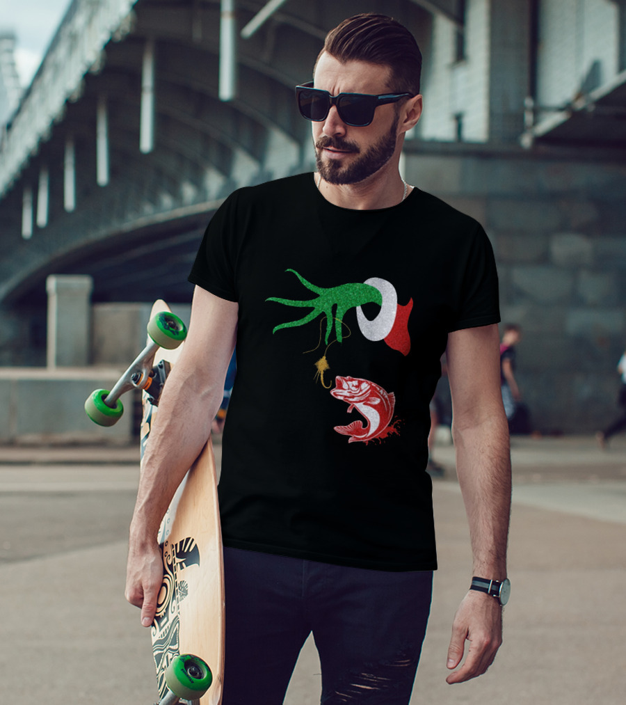 Ginch Christmas Fishing Grinch Hand With Fish Hook And Jumping Fish T-Shirt
