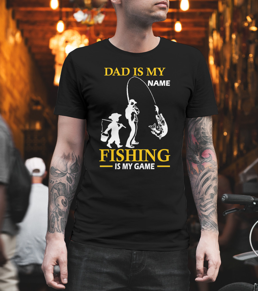 Dad Is My Name Fishing Is My Game White Silhouette Fisherman and Child with Catch T-Shirt