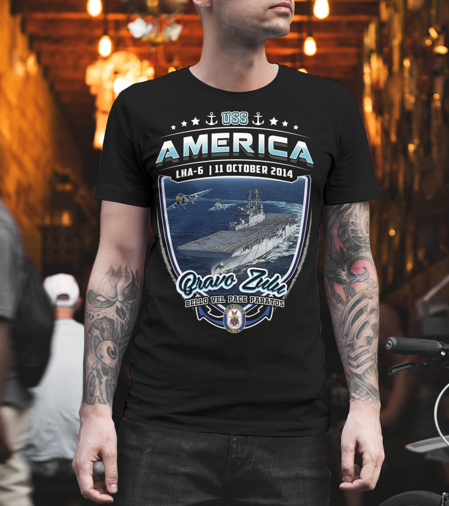 Uss America Lha-6 11 October 2014 Bravo Zulu Bello Vel Pace Paratus T-Shirt