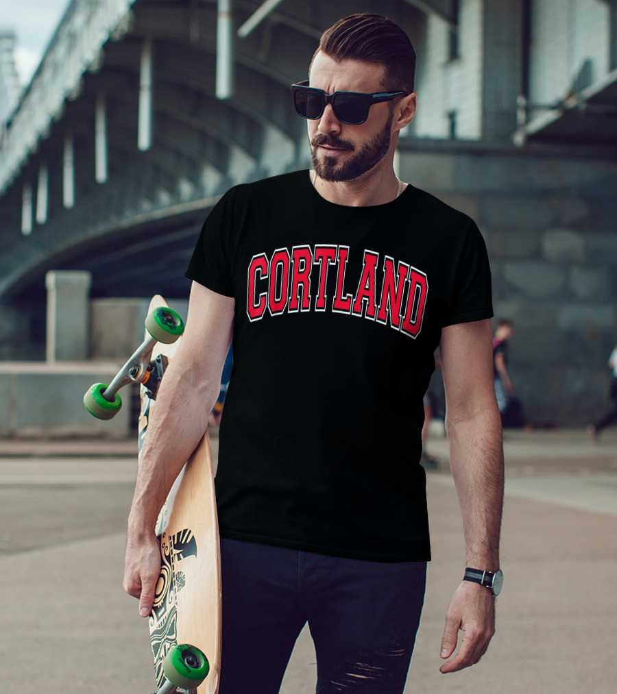 Cortland NY Varsity Style Red Arch Text Classic Athletic Look T-Shirt