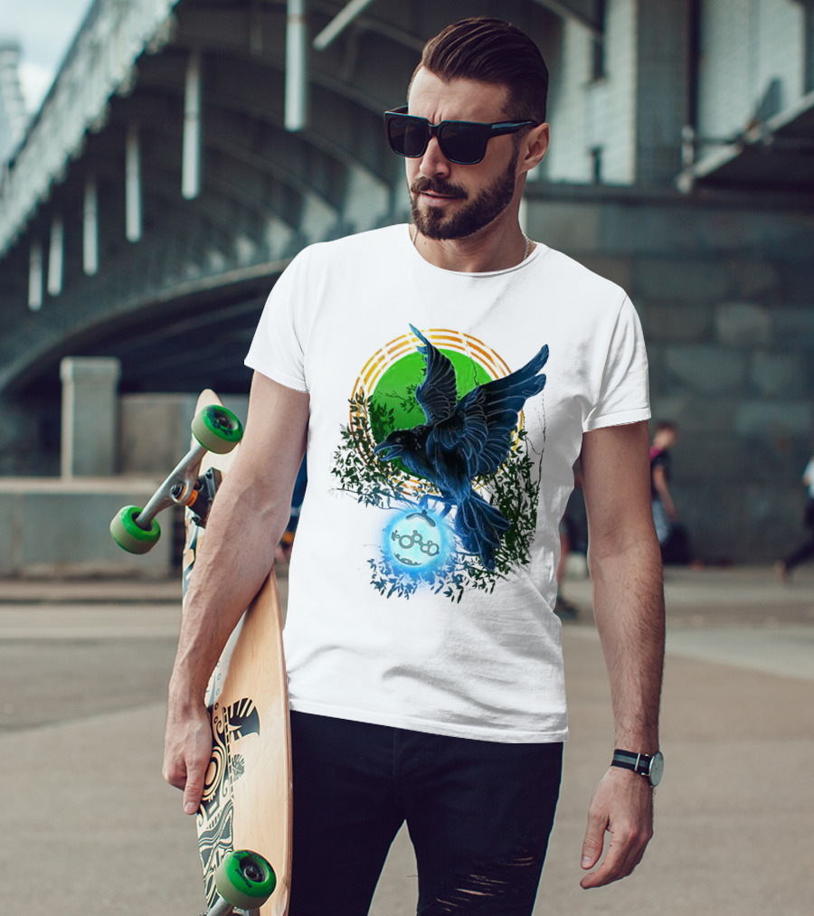 Pointcrow Raven Orb Enigma With Rings And Foliage T-Shirt