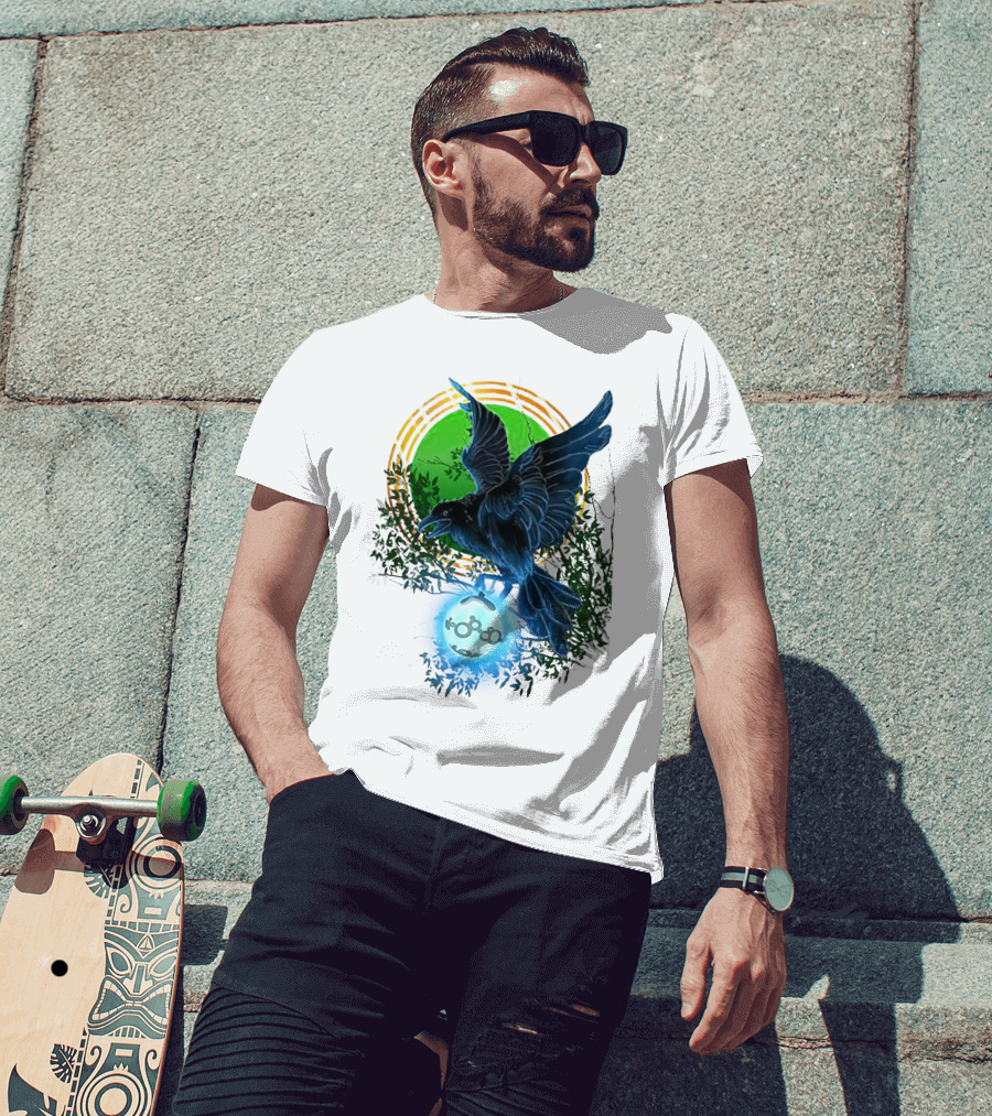 Pointcrow Raven Orb Enigma With Rings And Foliage T-Shirt
