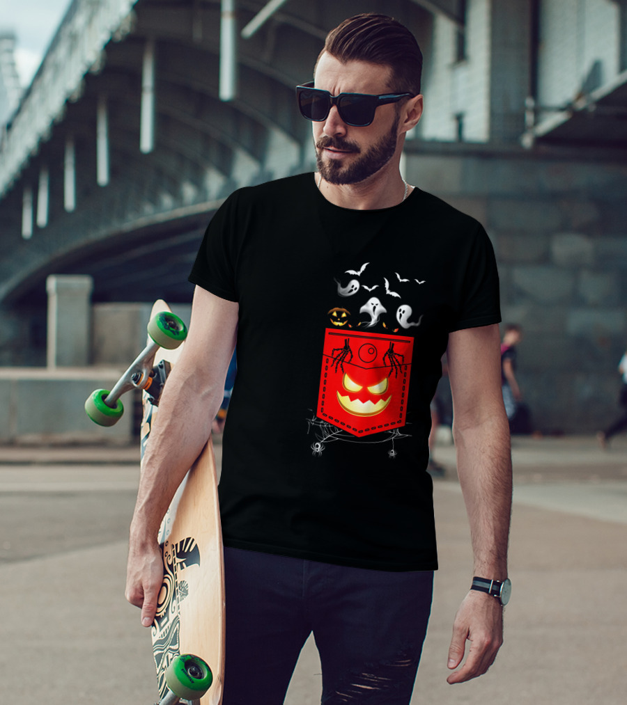 Halloween Costume Ghosts Peeking Pocket Pumpkin Bats Skeleton Spiders T-Shirt