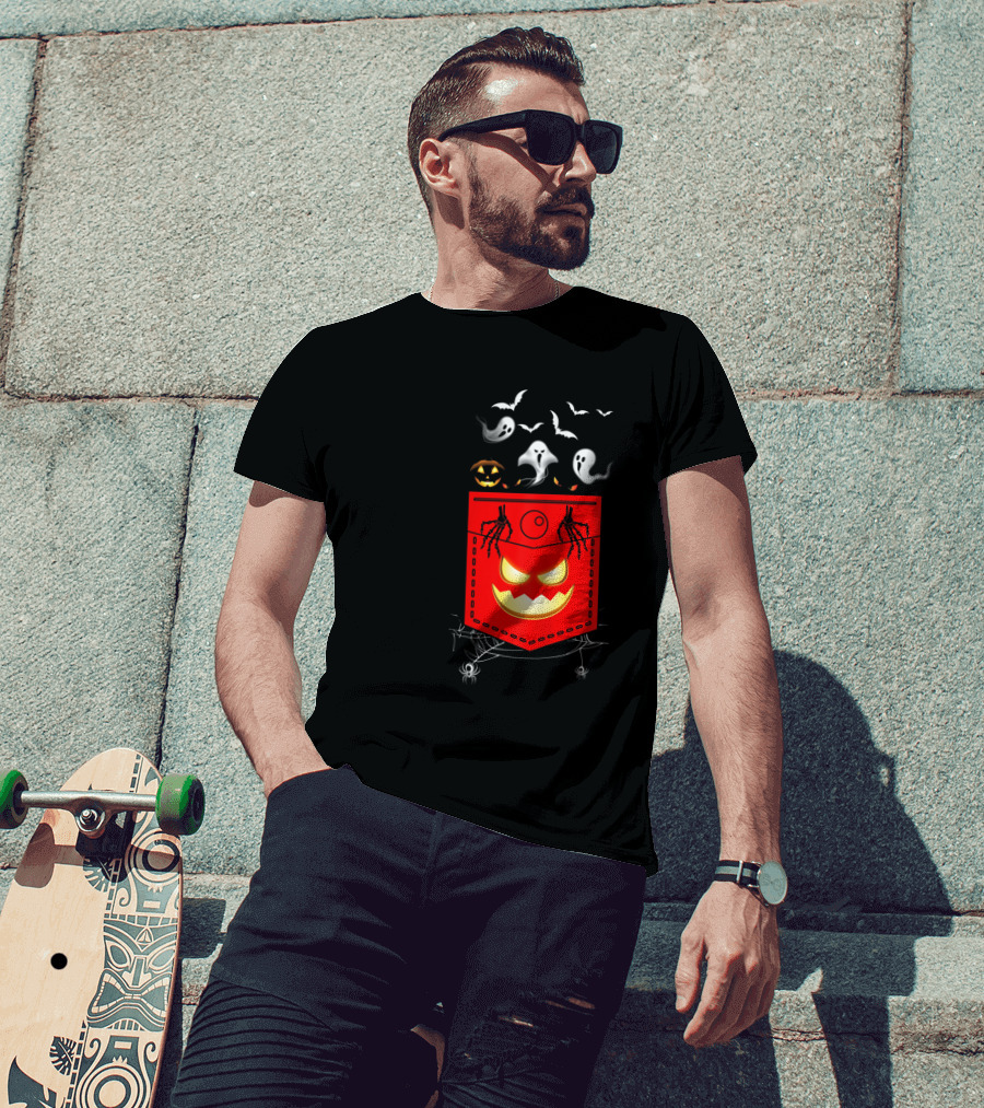 Halloween Costume Ghosts Peeking Pocket Pumpkin Bats Skeleton Spiders T-Shirt