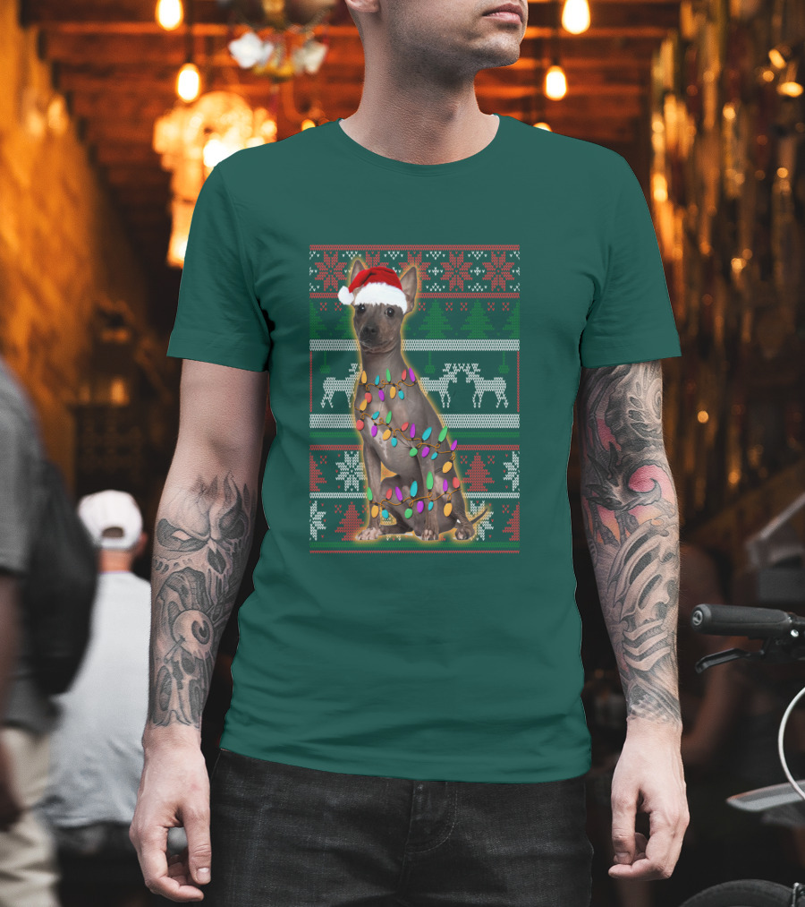 American Hairless Terrier Christmas Lights Santa Hat T-Shirt