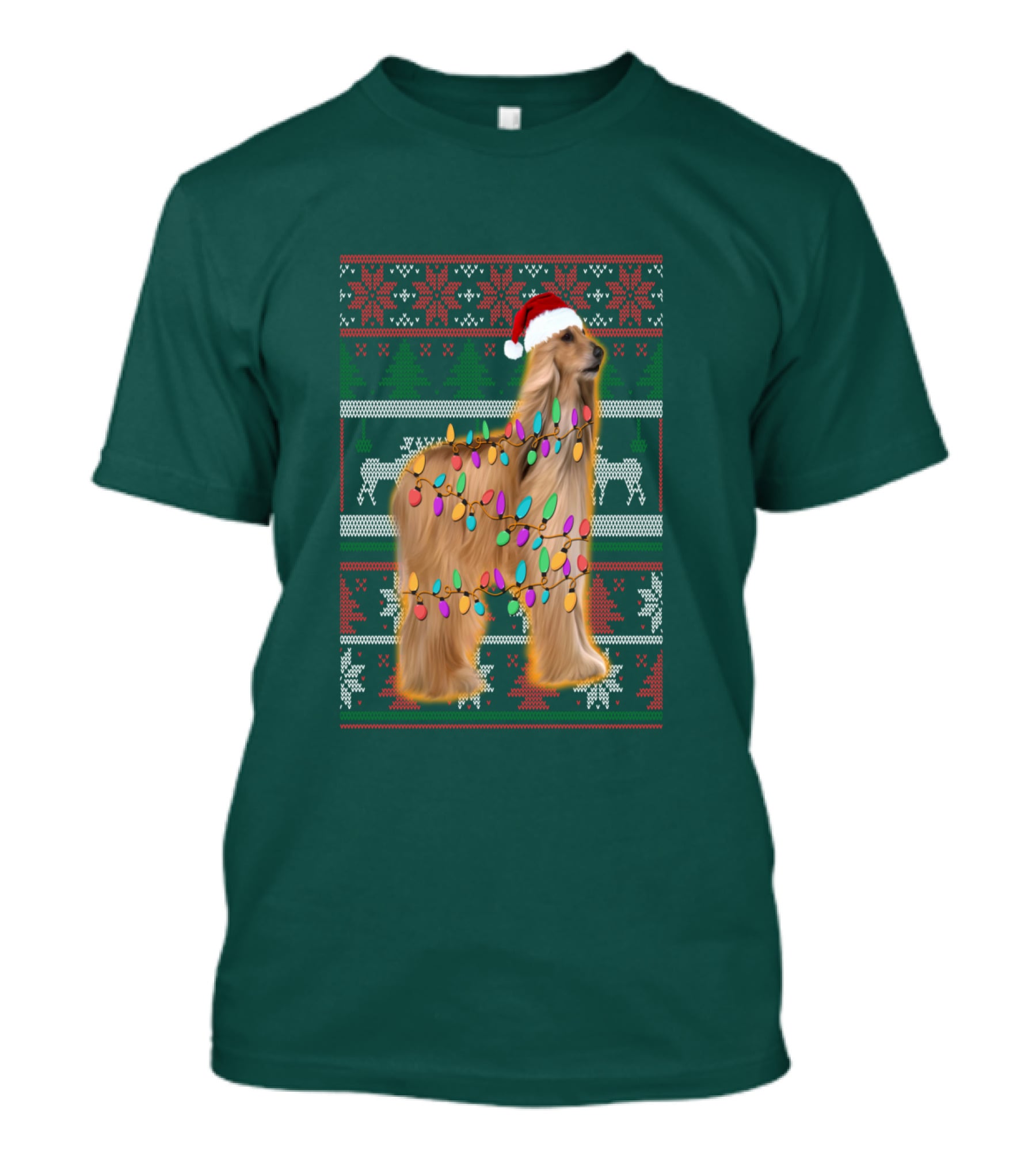 Afghan Hound Christmas Lights Santa Hat Ugly T-Shirt
