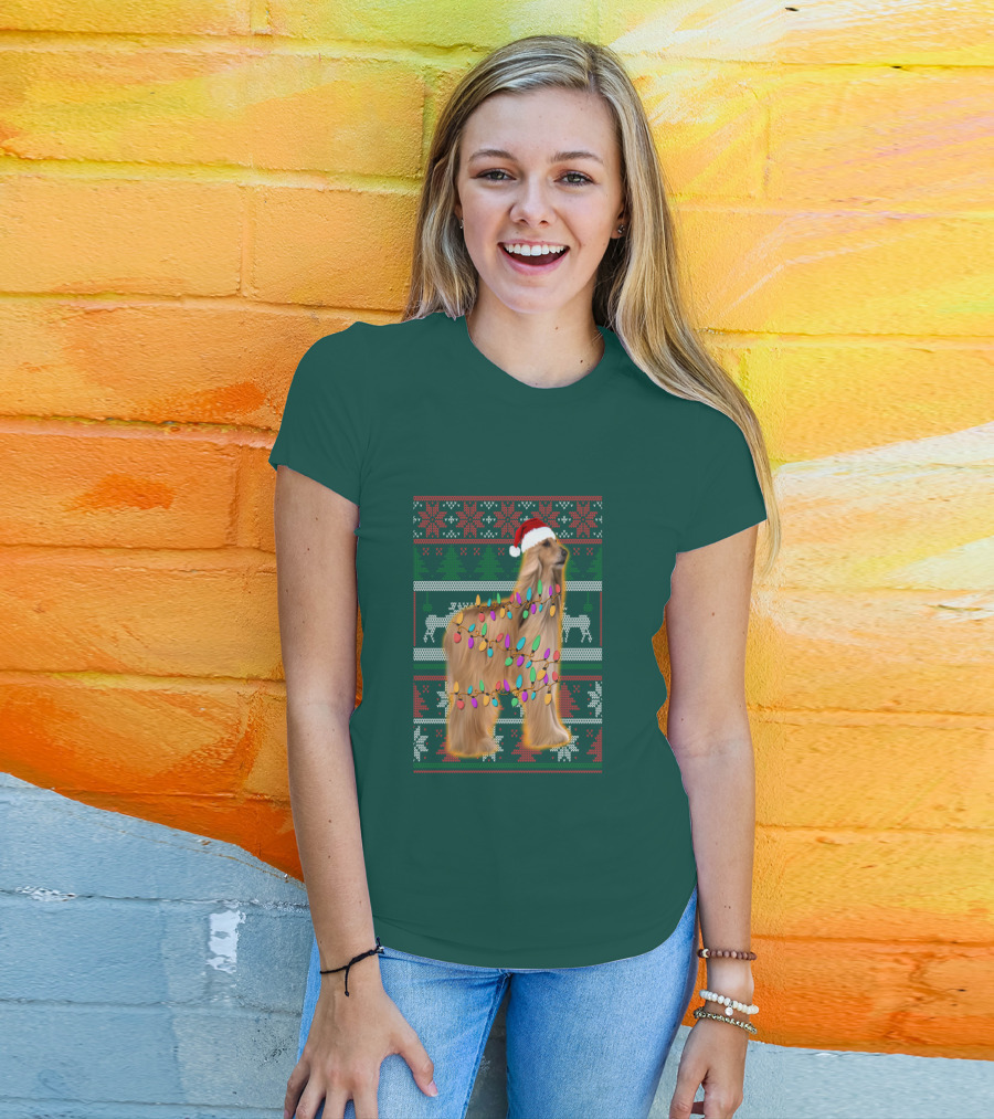 Afghan Hound Christmas Lights Santa Hat Ugly T-Shirt