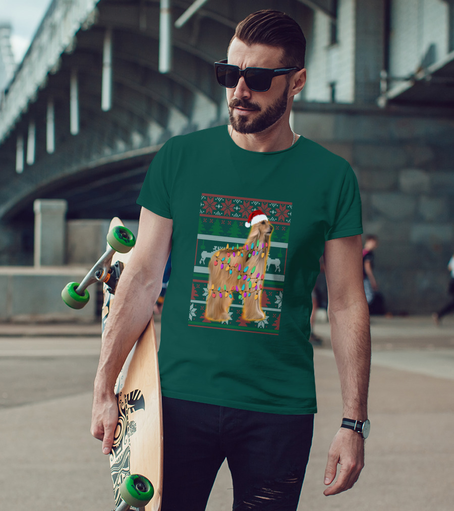 Afghan Hound Christmas Lights Santa Hat Ugly T-Shirt