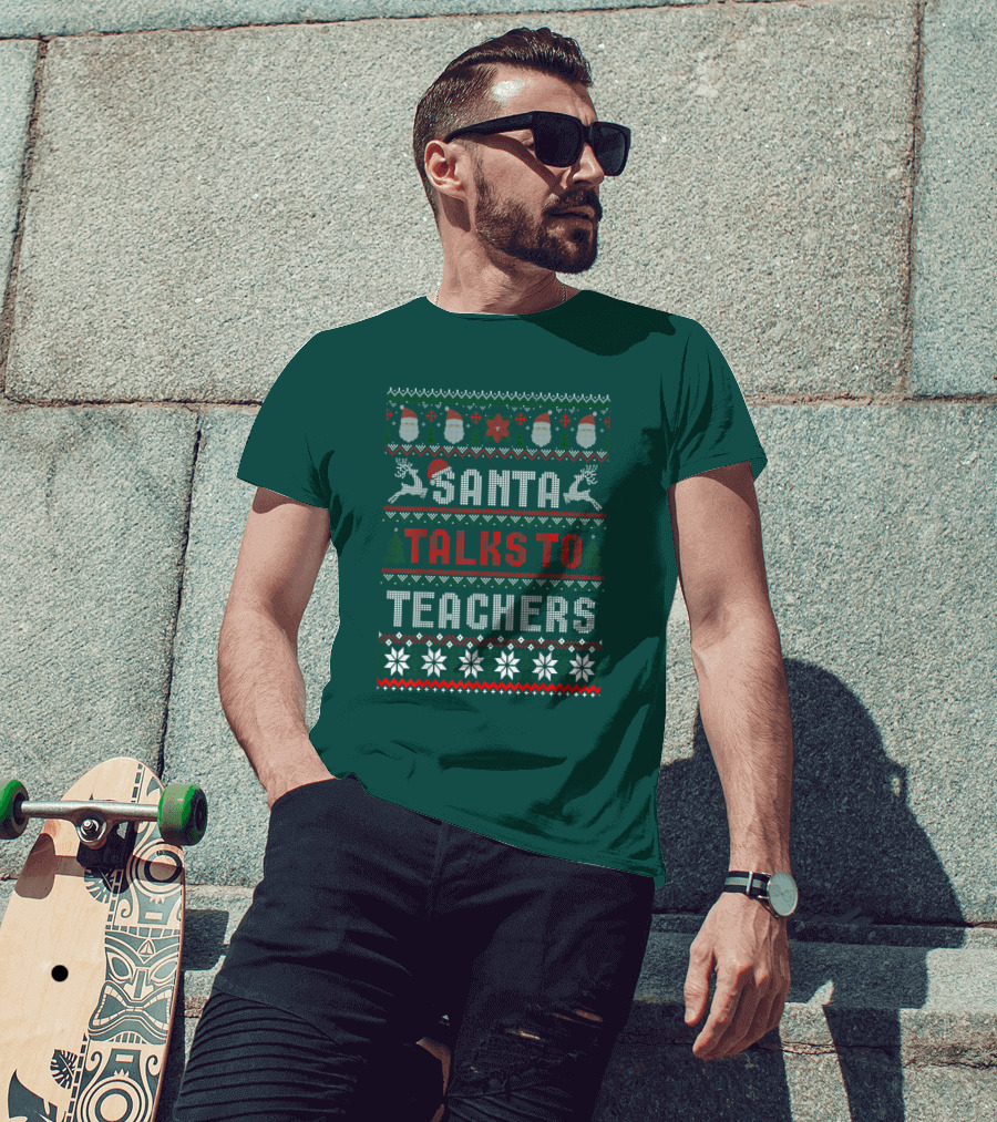 Santa Talks To Teachers Christmas Sweater Design With Reindeer And Santa Hats T-Shirt