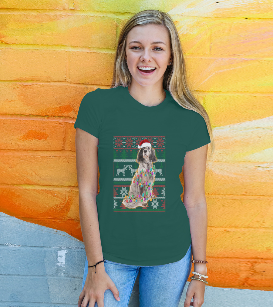English Setter Christmas Lights Ugly Sweater Santa Hat T-Shirt