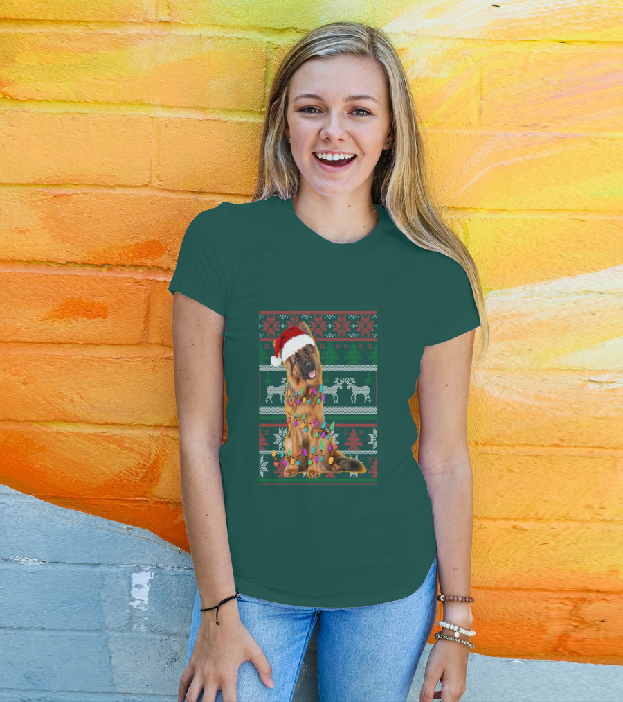 German Shepherd Santa Hat Christmas Lights Ugly Sweater Reindeer T-Shirt