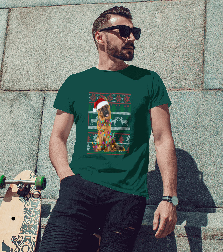 German Shepherd Santa Hat Christmas Lights Ugly Sweater Reindeer T-Shirt