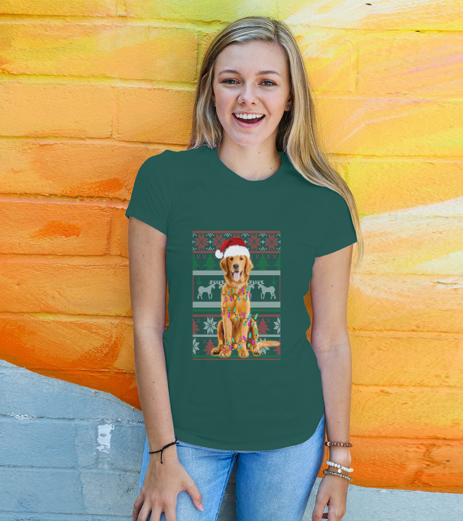 Golden Retriever Christmas Santa Hat Lights Holiday T-Shirt