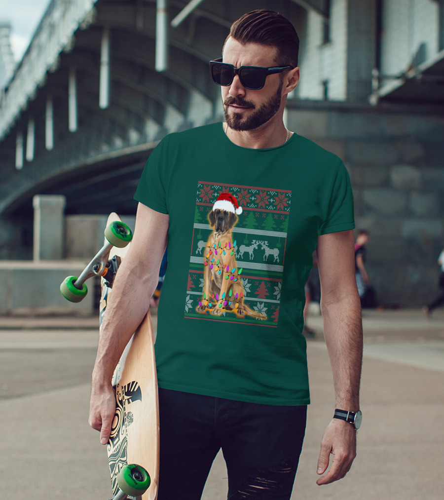 Great Dane Christmas Santa Hat Lights Reindeer Holiday T-Shirt