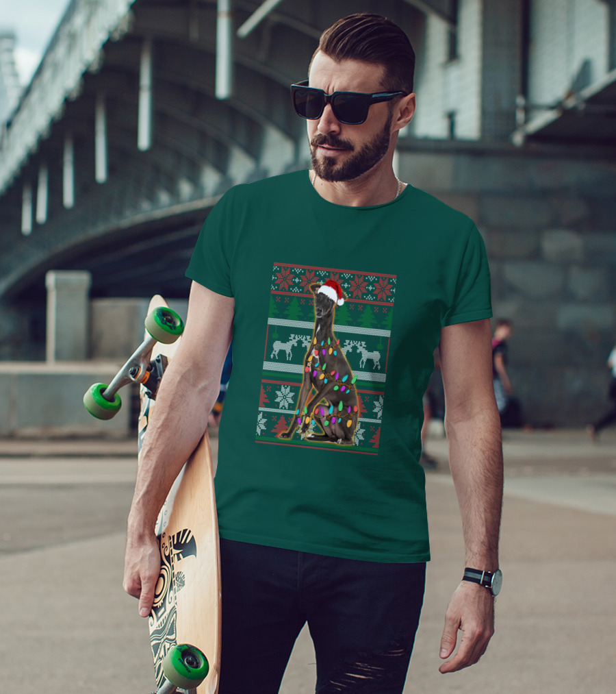 Greyhound Christmas Santa Hat And Lights Ugly T-Shirt